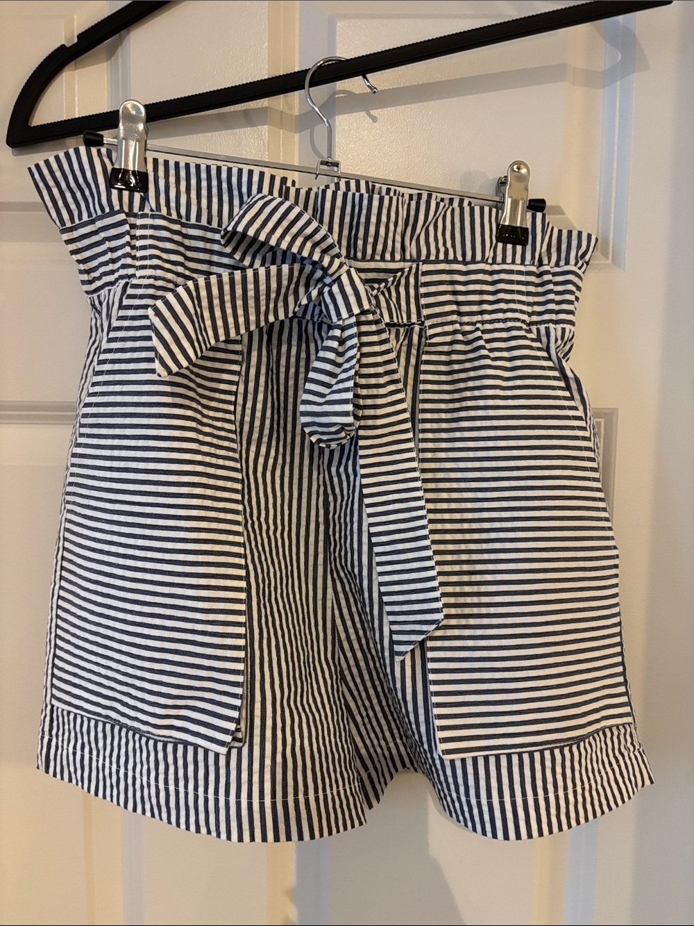 Zara Navy and White Striped Paperbag Waist Tie Shorts